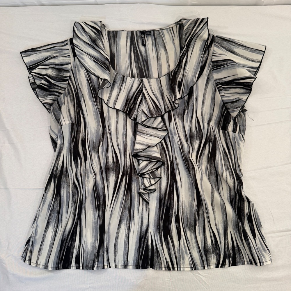 Milano Woman Black White Abstract Stripe Ruffle Flutter Sleeve Blouse Plus 1X